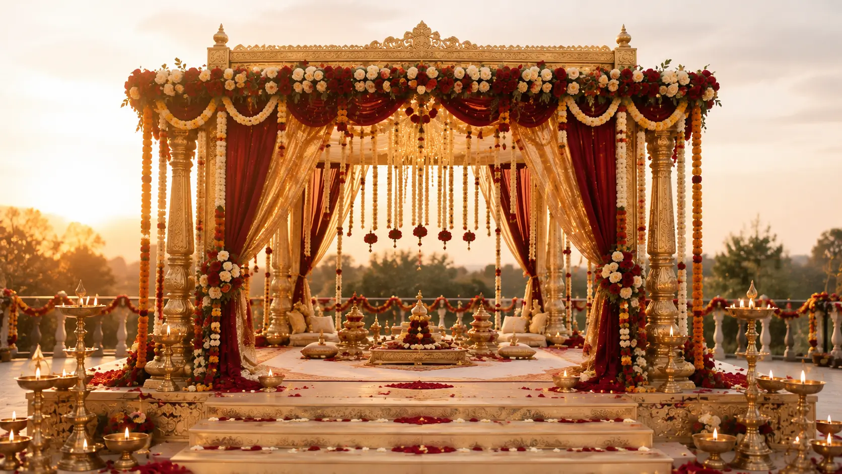 Traditional Indian wedding mandap with marigold garlands and ceremonial decor