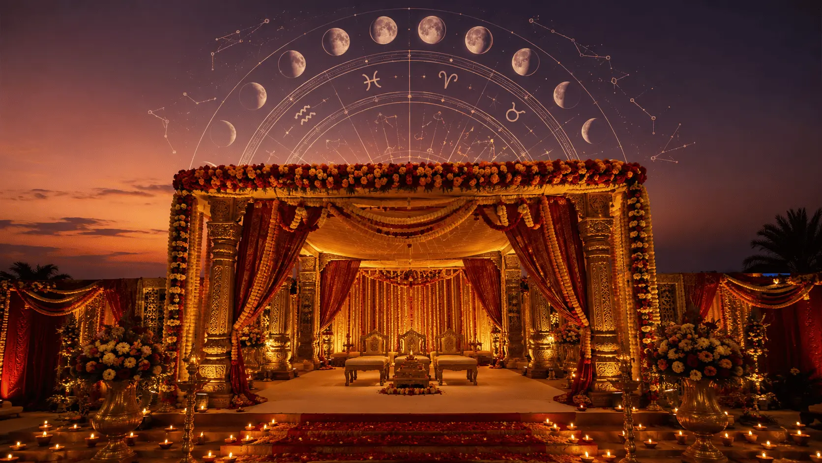 Traditional Hindu wedding ceremony with auspicious muhurat calendar elements